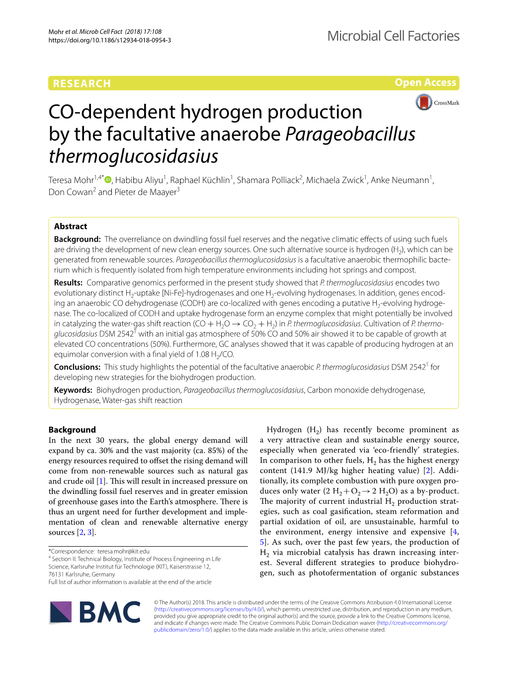 CO-Dependent Hydrogen Production by the Facultative Anaerobe Parageobacillus Thermoglucosidasius