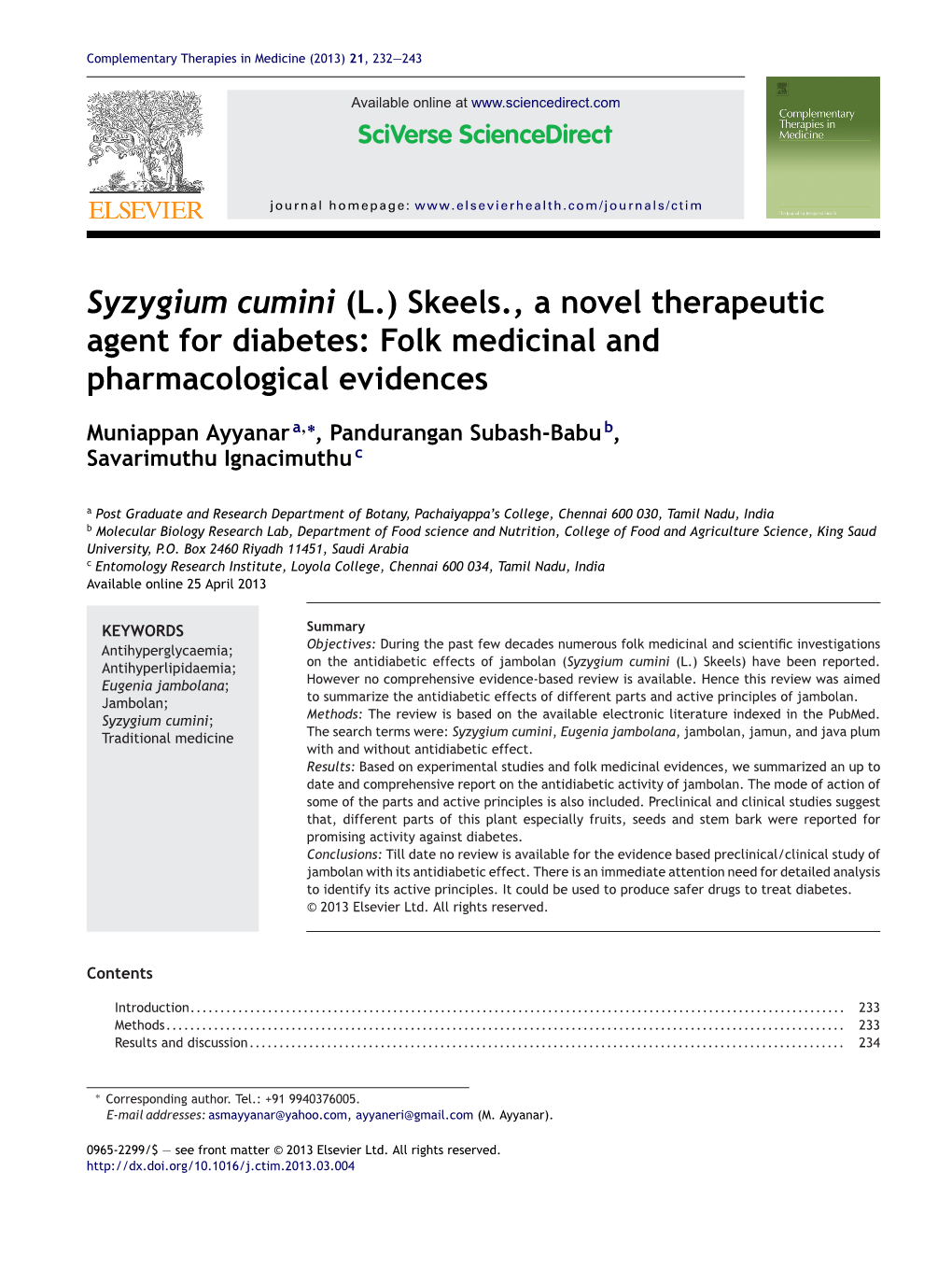 Syzygium Cumini (L.) Skeels., a Novel Therapeutic Agent for Diabetes: Folk