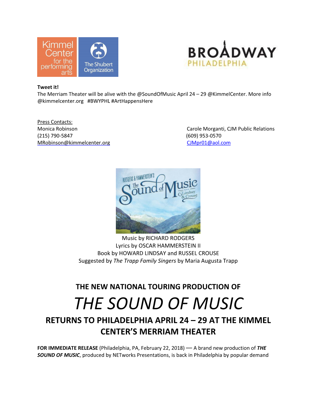 The Sound of Music Returns to Philadelphia April 24 – 29 at the Kimmel Center’S Merriam Theater