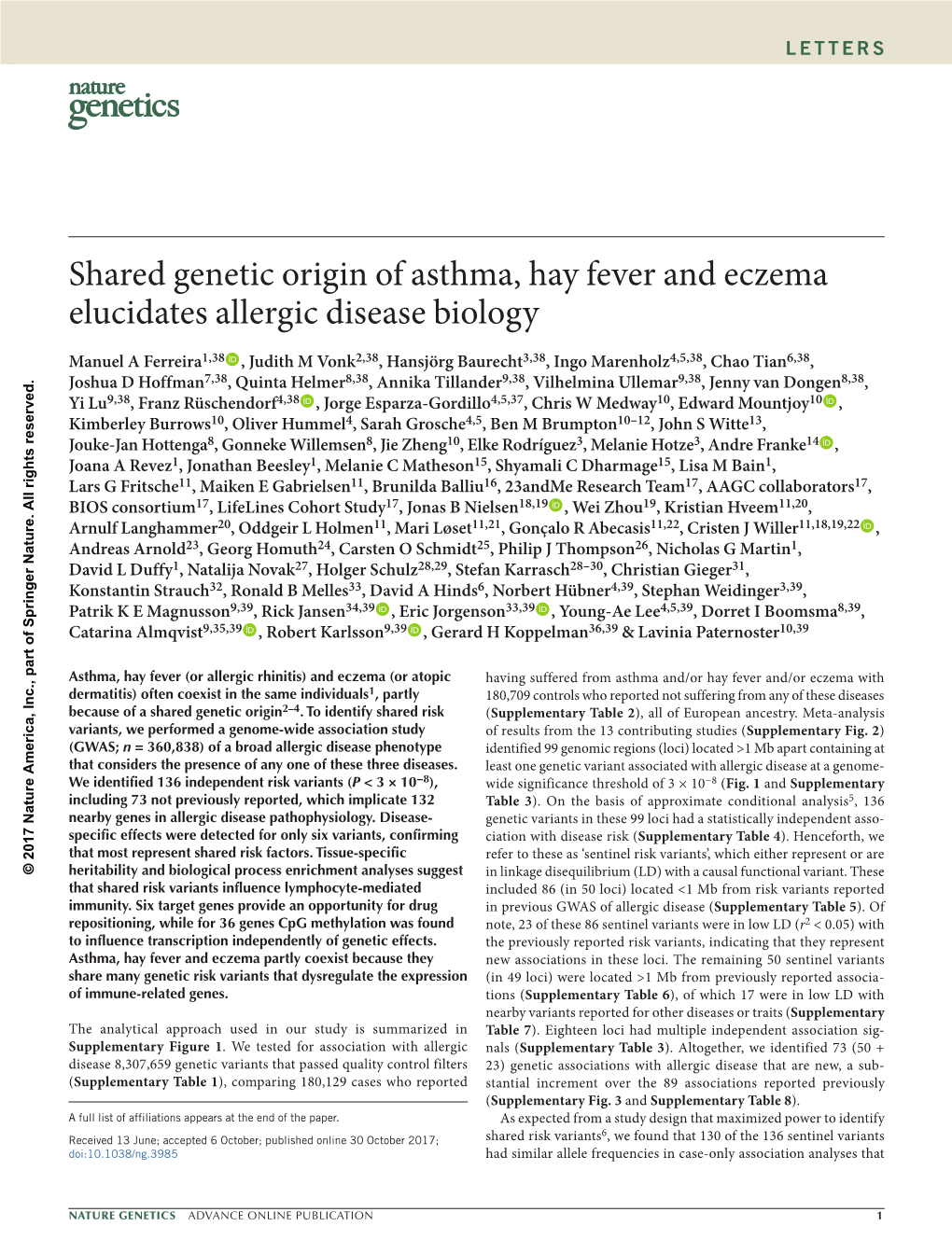 Shared Genetic Origin of Asthma, Hay Fever and Eczema Elucidates