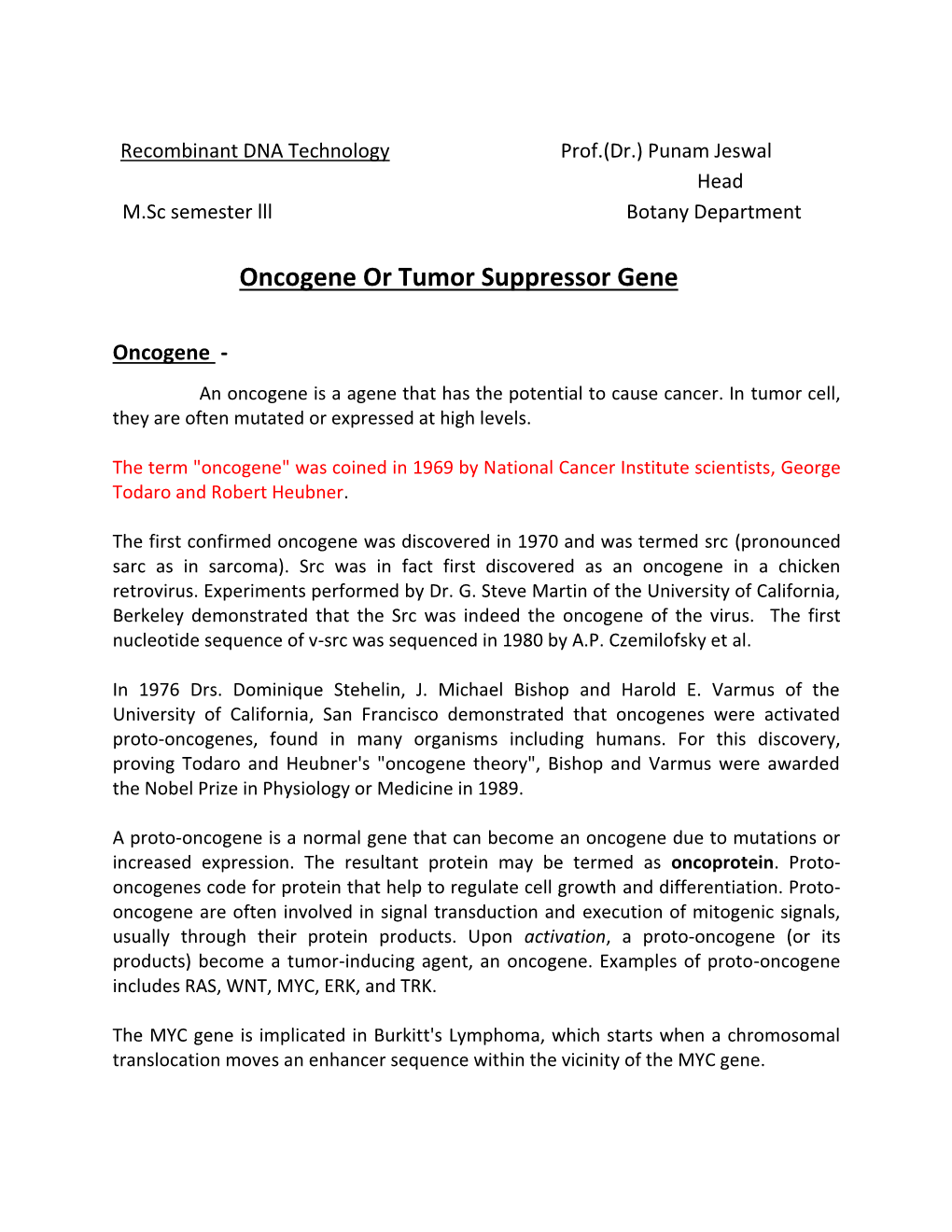 Oncogene Or Tumor Suppressor Gene