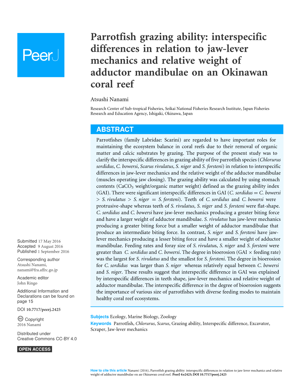 Parrotfish Grazing Ability: Interspecific Differences in Relation to Jaw-Lever Mechanics and Relative Weight of Adductor Mandibulae on an Okinawan Coral Reef