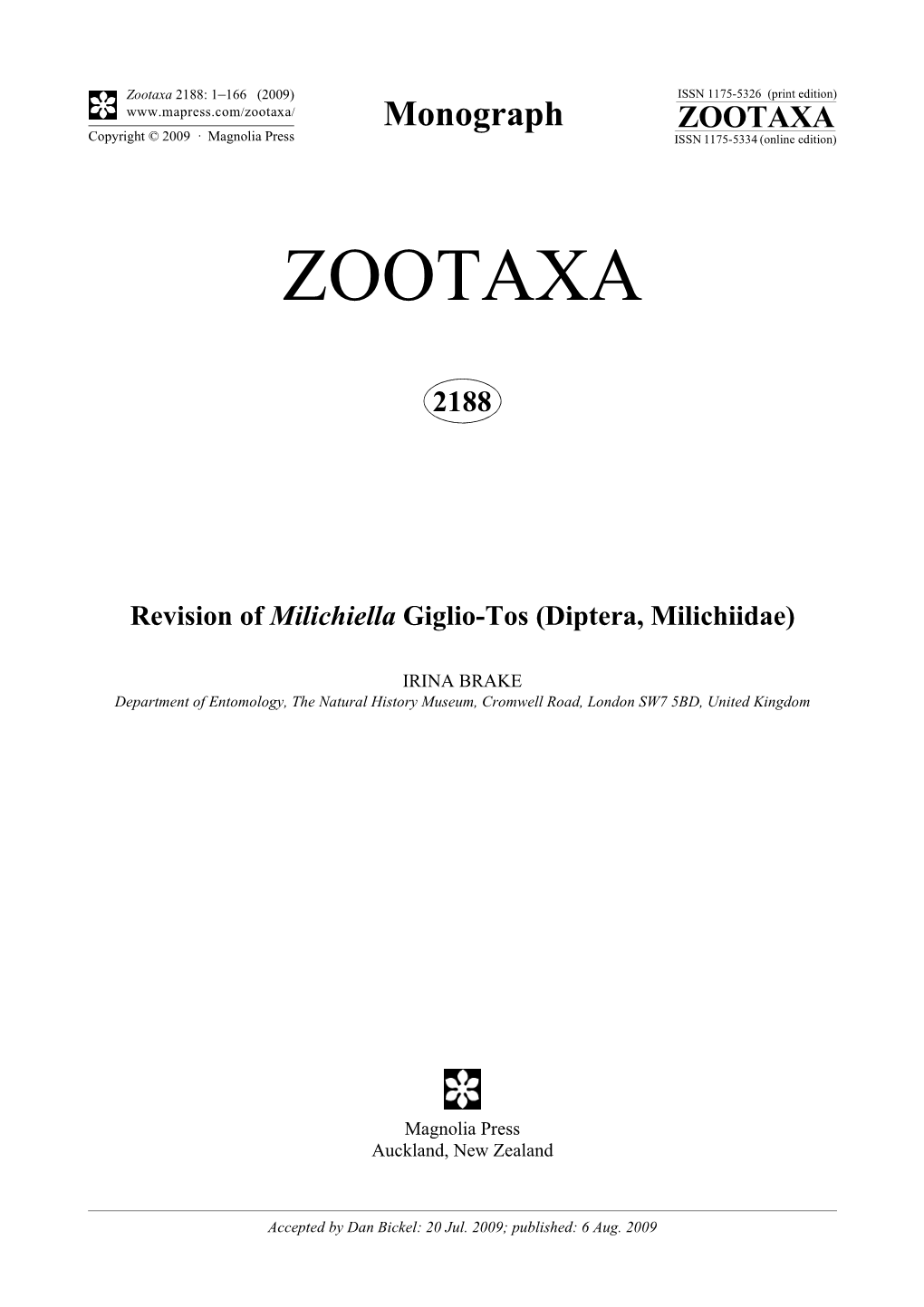 Zootaxa, Revision of Milichiella Giglio-Tos (Diptera, Milichiidae)