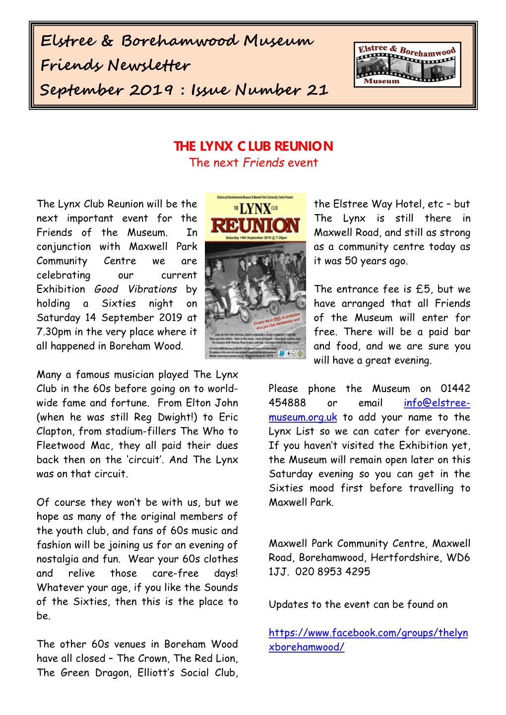 Elstree & Borehamwood Museum Friends Newsletter September 2019