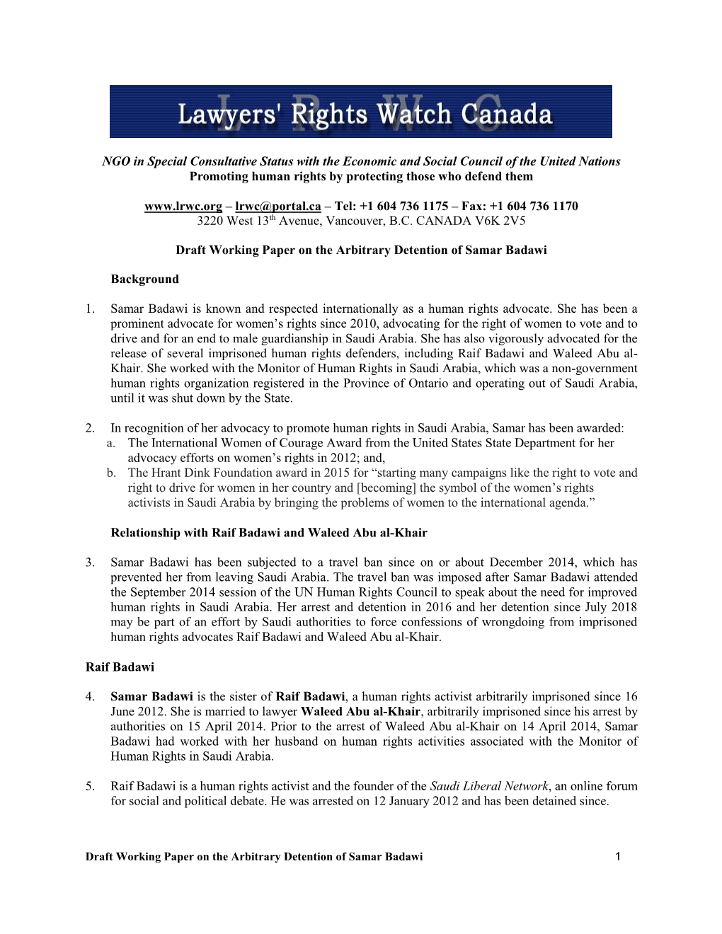 Summary of Legal Argument in Appeal for Release of Samar Badawi