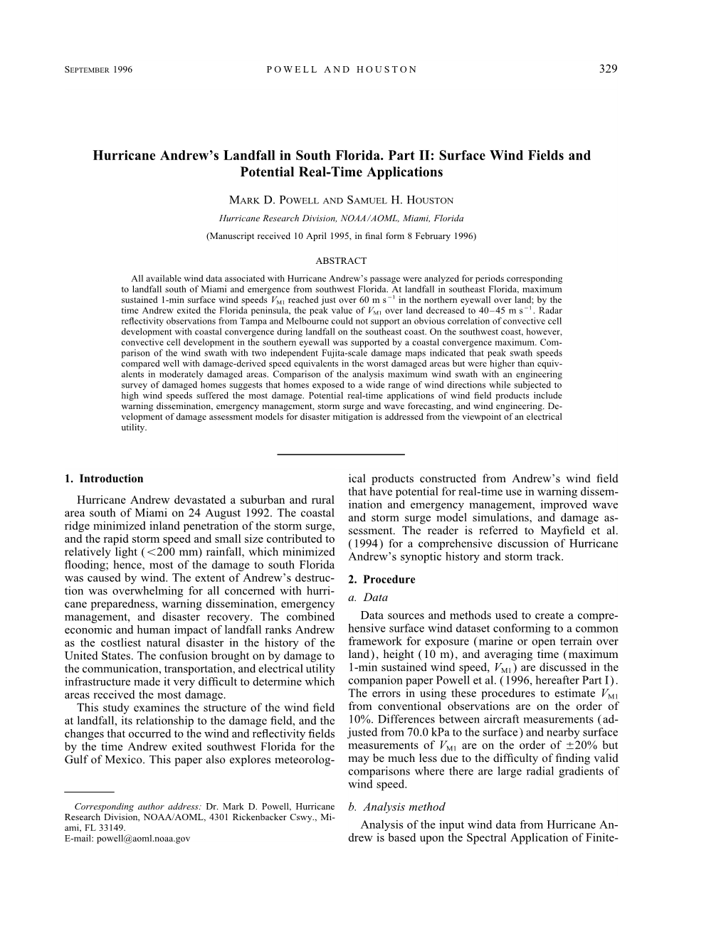 Hurricane Andrew's Landfall in South Florida Part II : Surface Wind