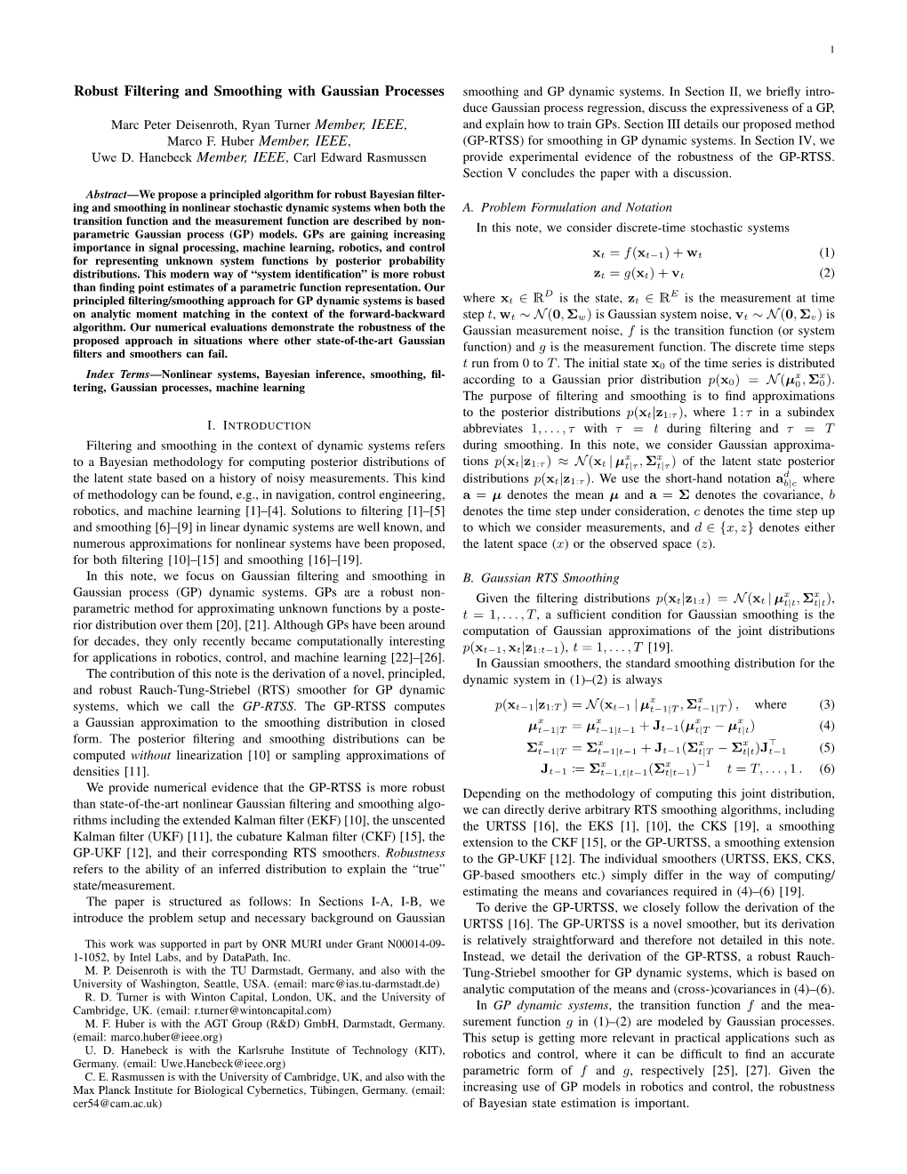 Robust Filtering and Smoothing with Gaussian Processes Smoothing and GP Dynamic Systems