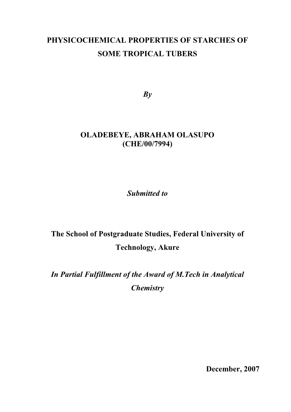 Physicochemical Properties of Starches of Some Tropical Tubers