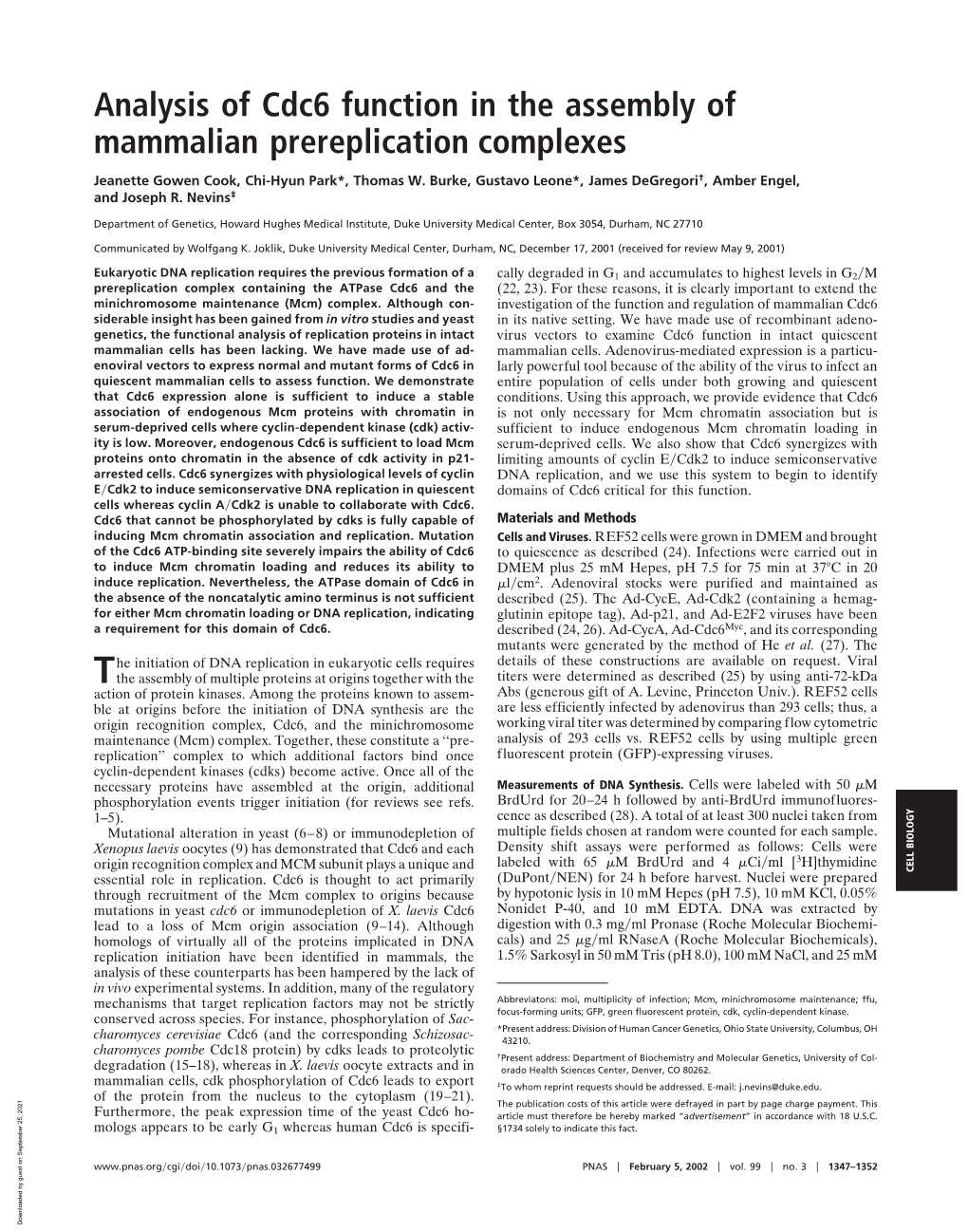 Analysis of Cdc6 Function in the Assembly of Mammalian Prereplication Complexes