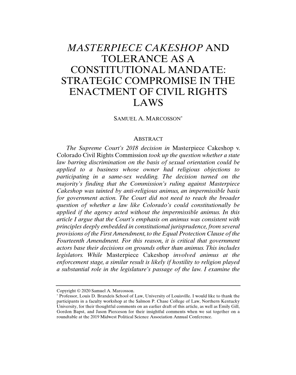 Masterpiece Cakeshop and Tolerance As a Constitutional Mandate: Strategic Compromise in the Enactment of Civil Rights Laws