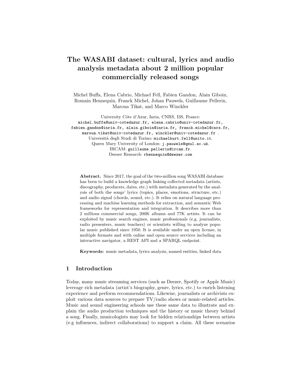 The WASABI Dataset: Cultural, Lyrics and Audio Analysis Metadata About 2 Million Popular Commercially Released Songs