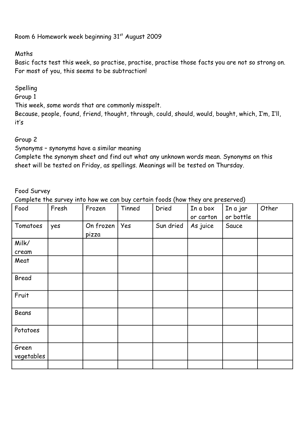 Room 6 Homework Week Beginning 16TH June 2009