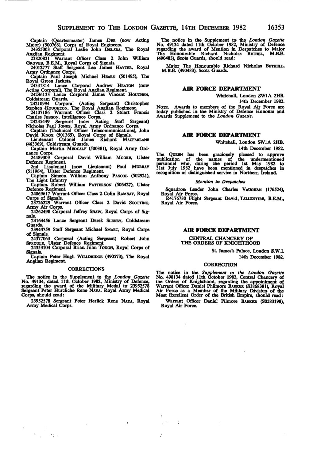 SUPPLEMENT to the LONDON GAZETTE, 14Ra DECEMBER 1982 16353