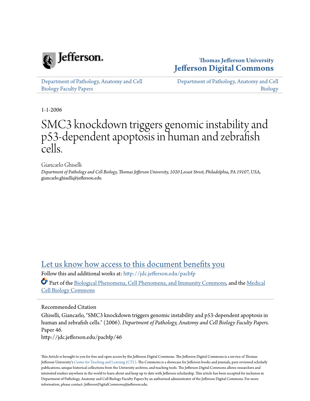 SMC3 Knockdown Triggers Genomic Instability and P53-Dependent Apoptosis in Human and Zebrafish Cells