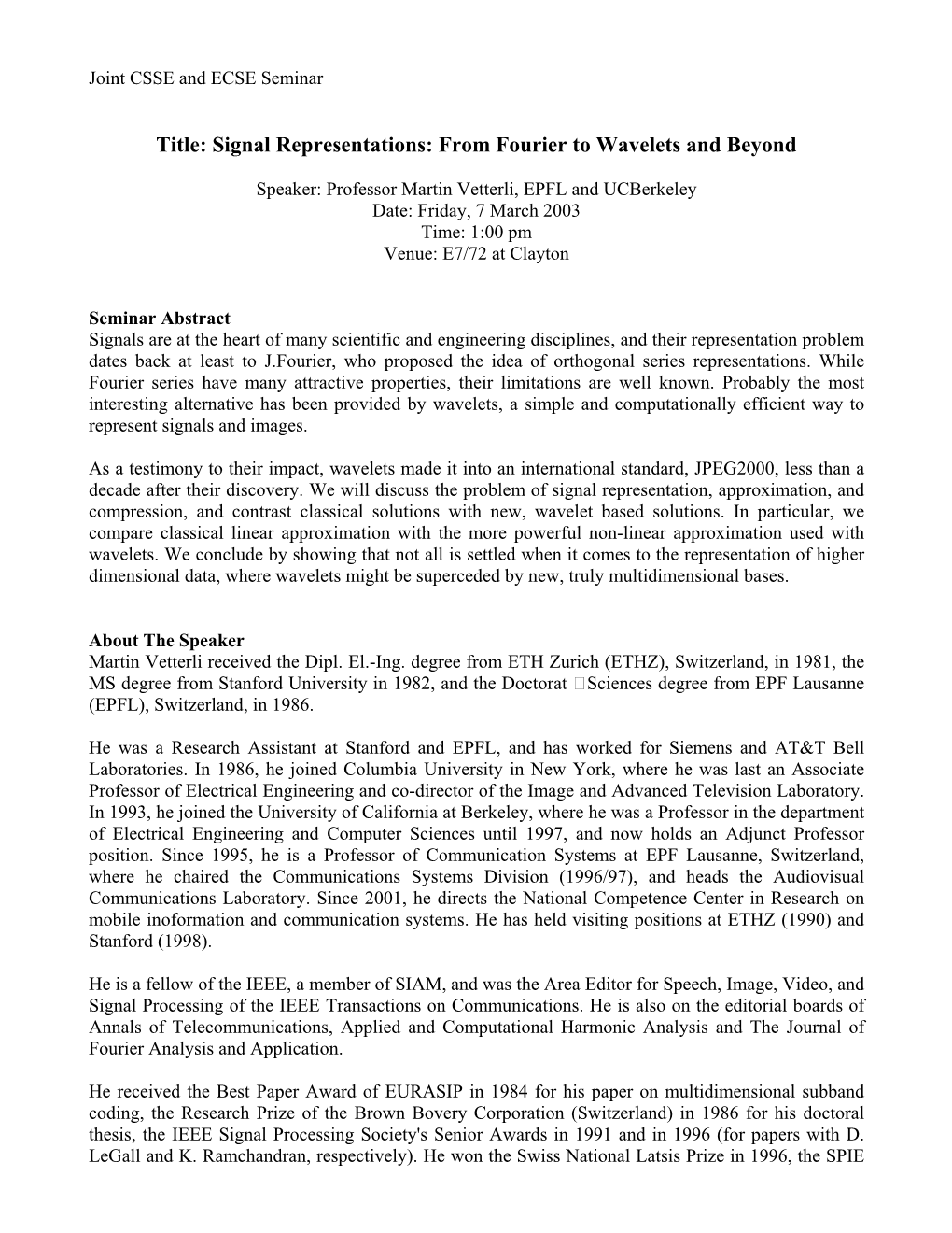 Title: Signal Representations: from Fourier to Wavelets and Beyond