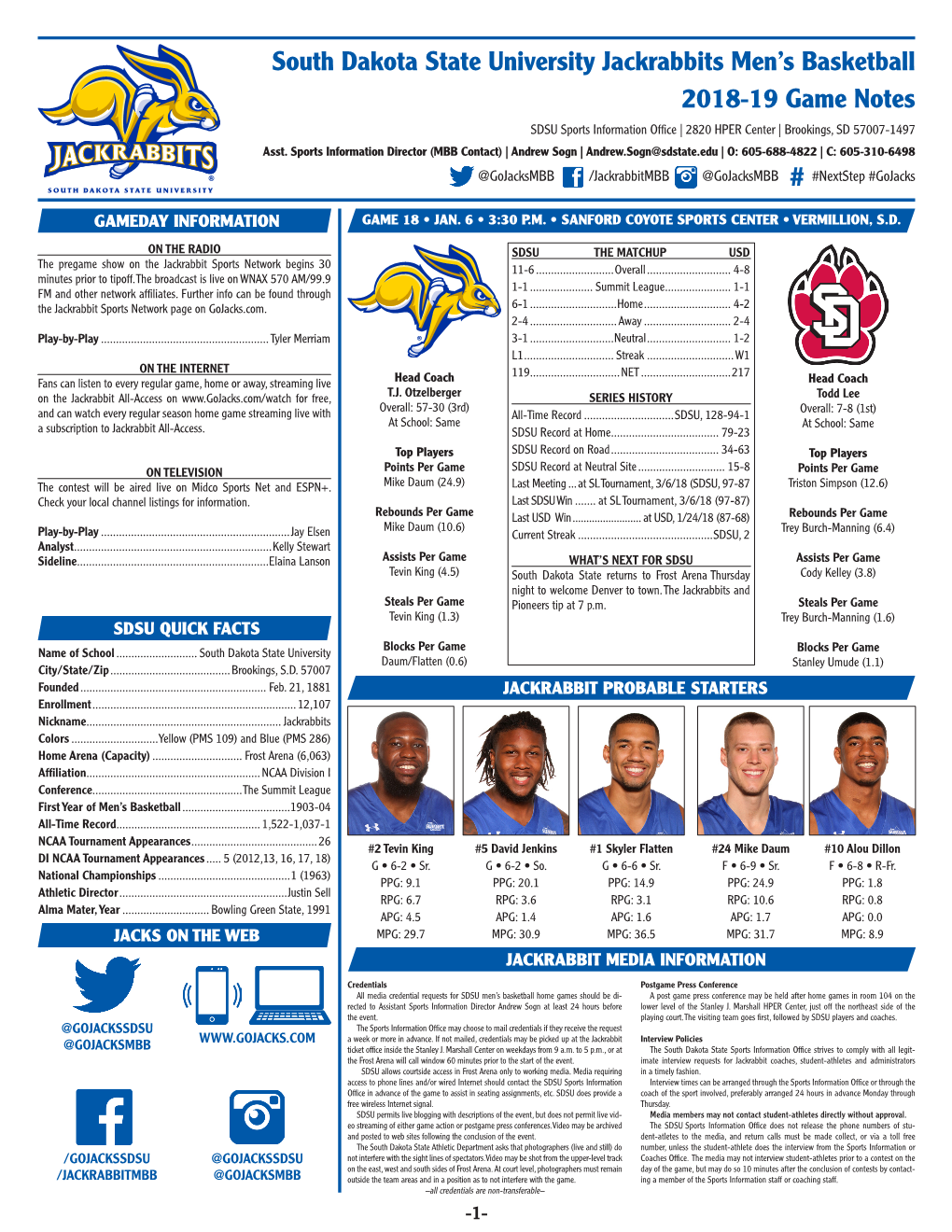 South Dakota State University Jackrabbits Men's Basketball 2018-19 Game Notes