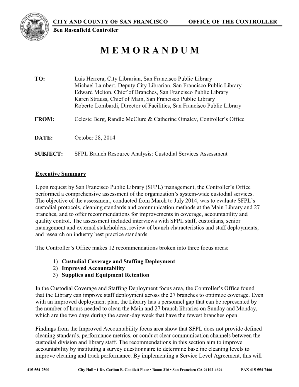 Custodial Services Memorandum: October 28, 2014