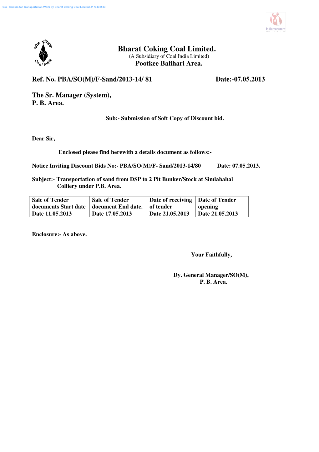 Bharat Coking Coal Limited. (A Subsidiary of Coal India Limited) Pootkee Balihari Area