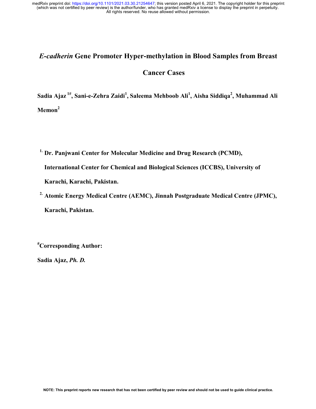 E-Cadherin Gene Promoter Hyper-Methylation in Blood Samples from Breast