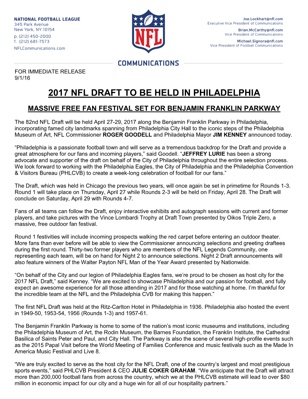 2017 Nfl Draft to Be Held in Philadelphia