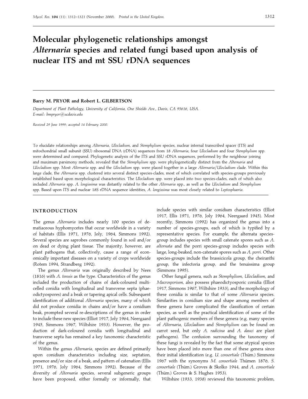 Molecular Phylogenetic Relationships Amongst Alternaria Species and Related Fungi Based Upon Analysis of Nuclear ITS and Mt SSU Rdna Sequences