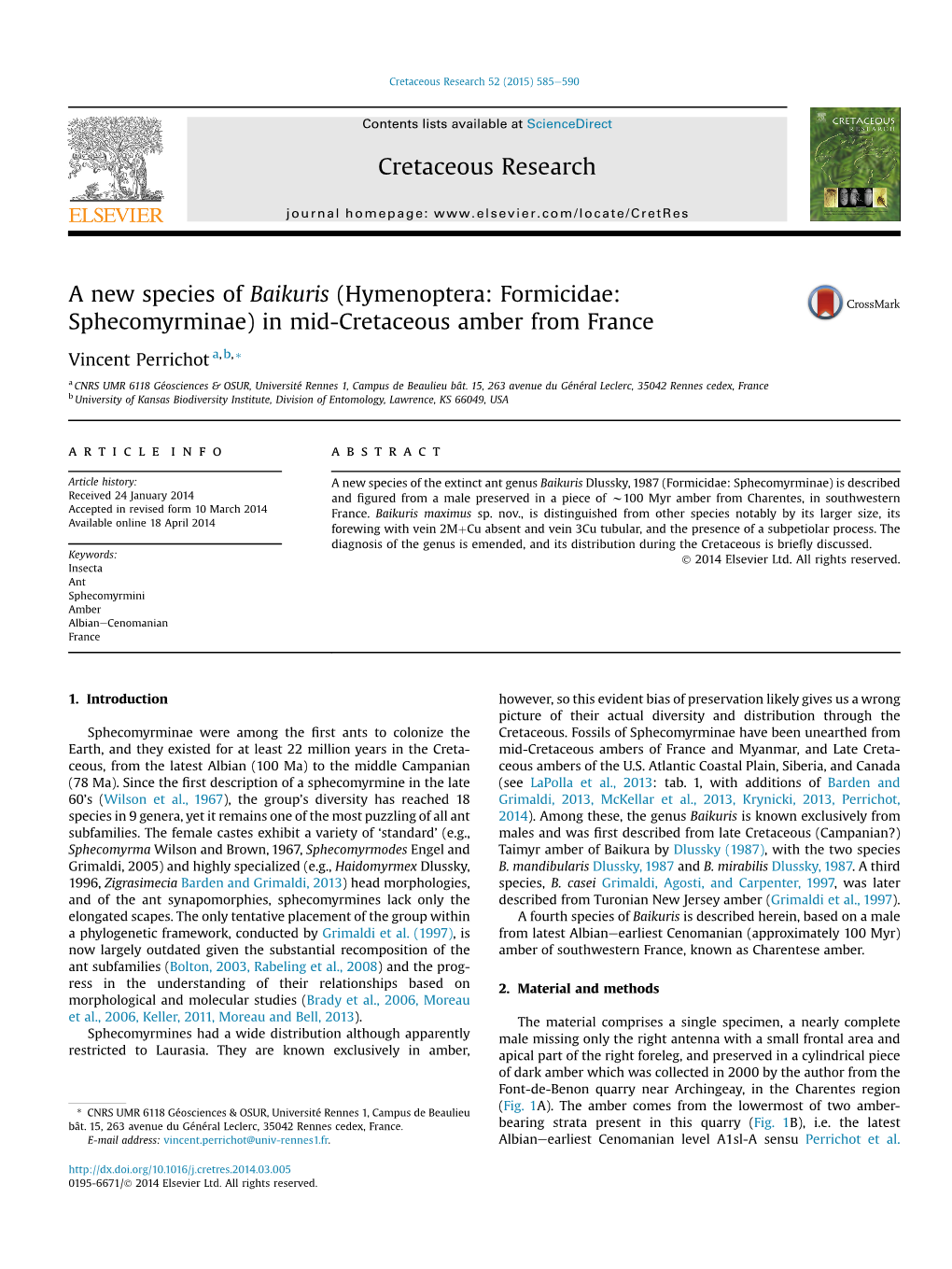 A New Species of Baikuris (Hymenoptera: Formicidae: Sphecomyrminae) in Mid-Cretaceous Amber from France