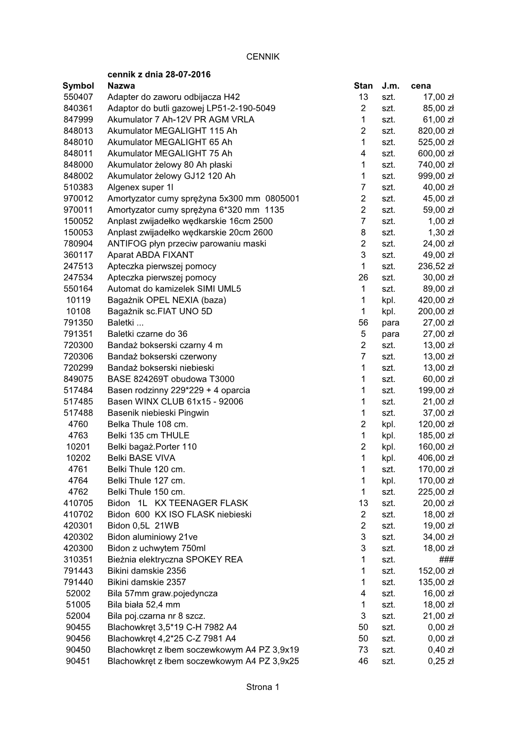 CENNIK Strona 1 Cennik Z Dnia 28-07-2016 Symbol Nazwa Stan