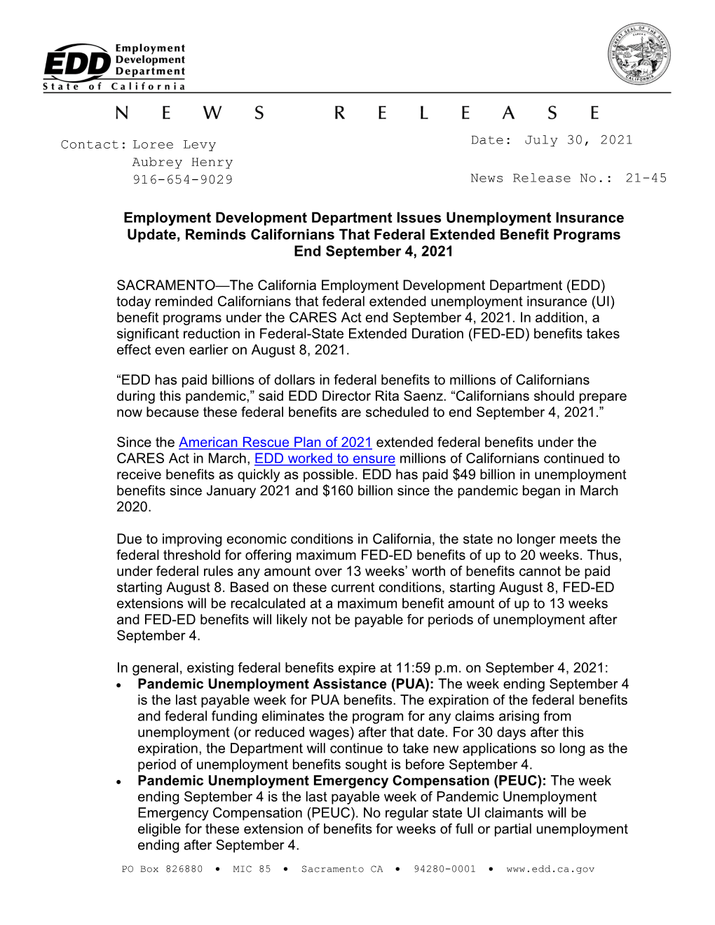 Employment Development Department Issues Unemployment Insurance Update, Reminds Californians That Federal Extended Benefit Programs End September 4, 2021