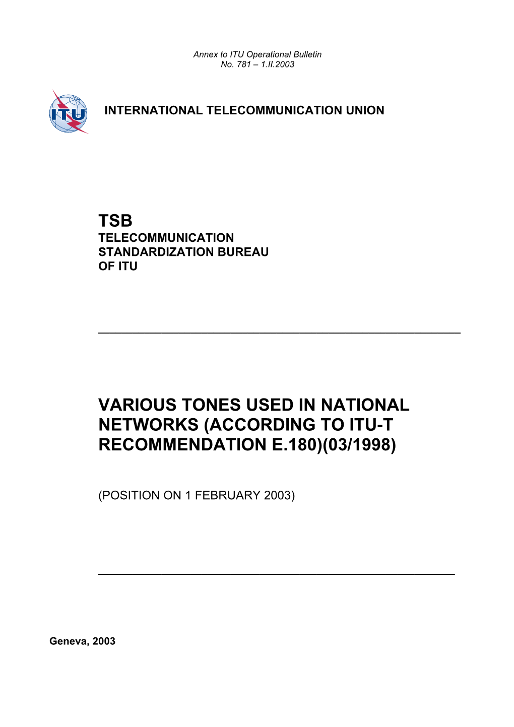 Tones Used in National Networks (According to Itu-T Recommendation E.180)(03/1998)