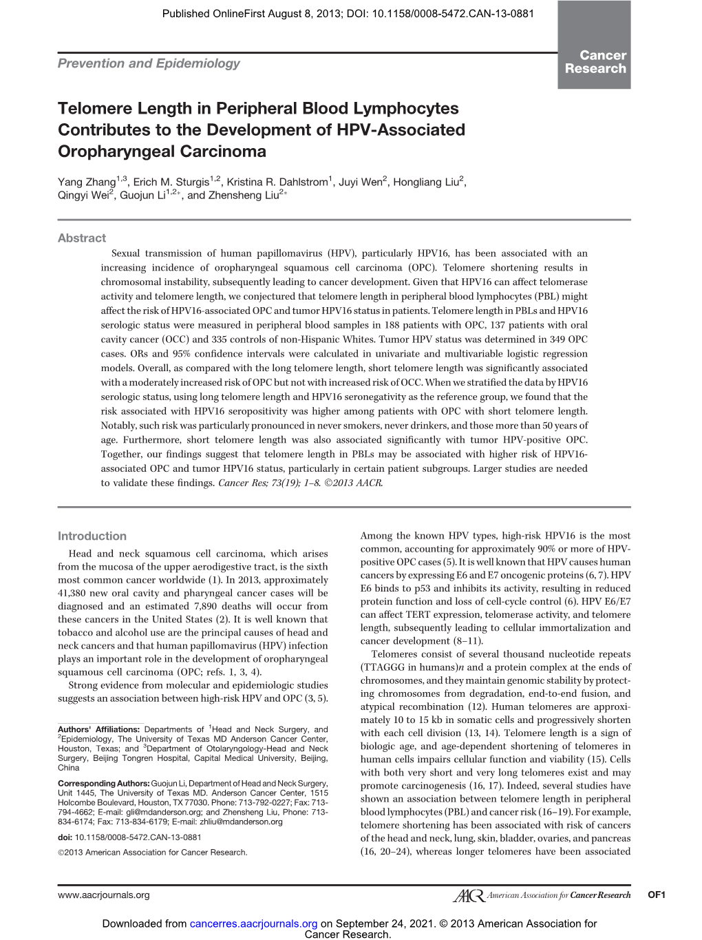 Telomere Length in Peripheral Blood Lymphocytes Contributes to the Development of HPV-Associated Oropharyngeal Carcinoma