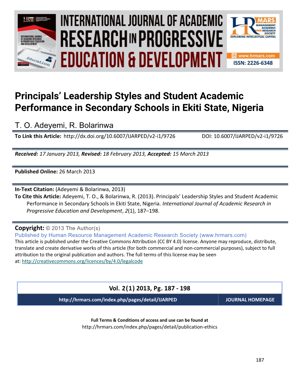 Principals' Leadership Styles and Student Academic Performance In