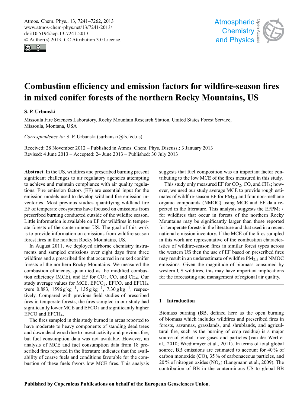 Combustion Efficiency and Emission Factors for Wildfire-Season Fires In