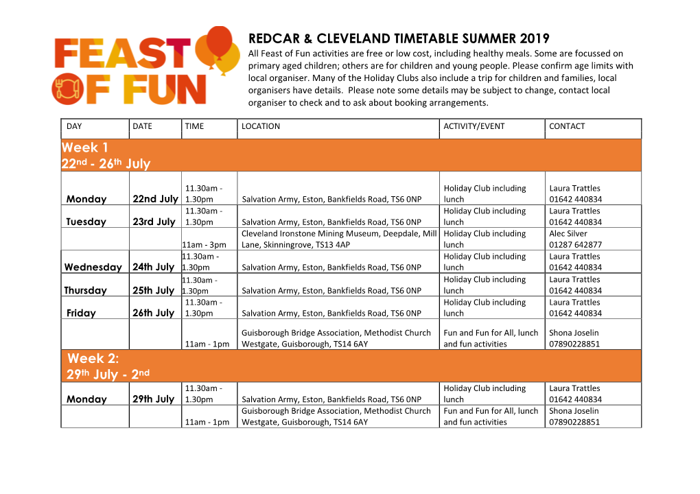 REDCAR & CLEVELAND TIMETABLE SUMMER 2019 Week 1 22Nd