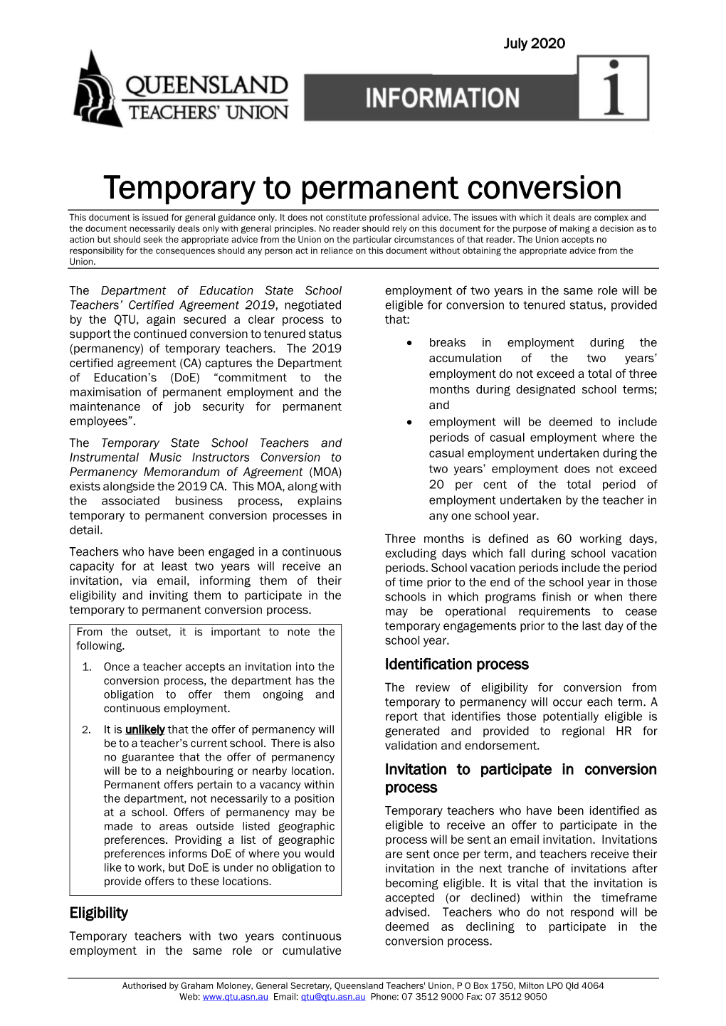 Temporary to Permanent Conversion This Document Is Issued for General Guidance Only