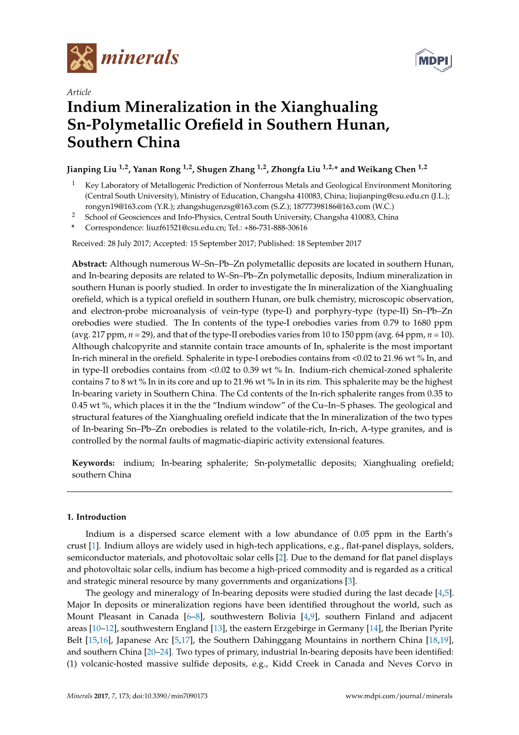 Indium Mineralization in the Xianghualing Sn-Polymetallic Oreﬁeld in Southern Hunan, Southern China