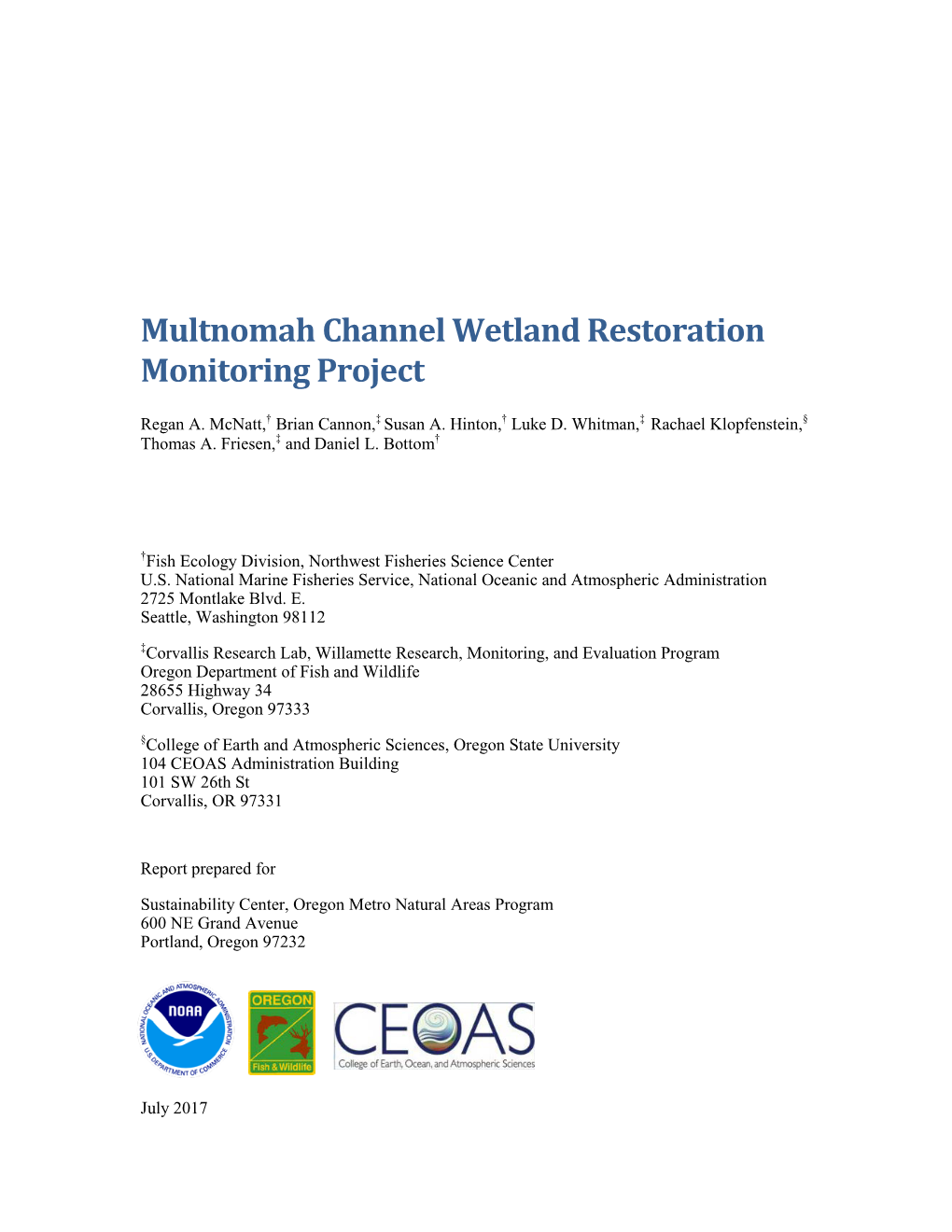 Multnomah Channel Wetland Restoration Monitoring Project
