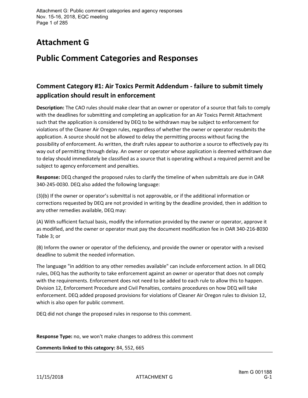 Attachment G Public Comment Categories and Responses