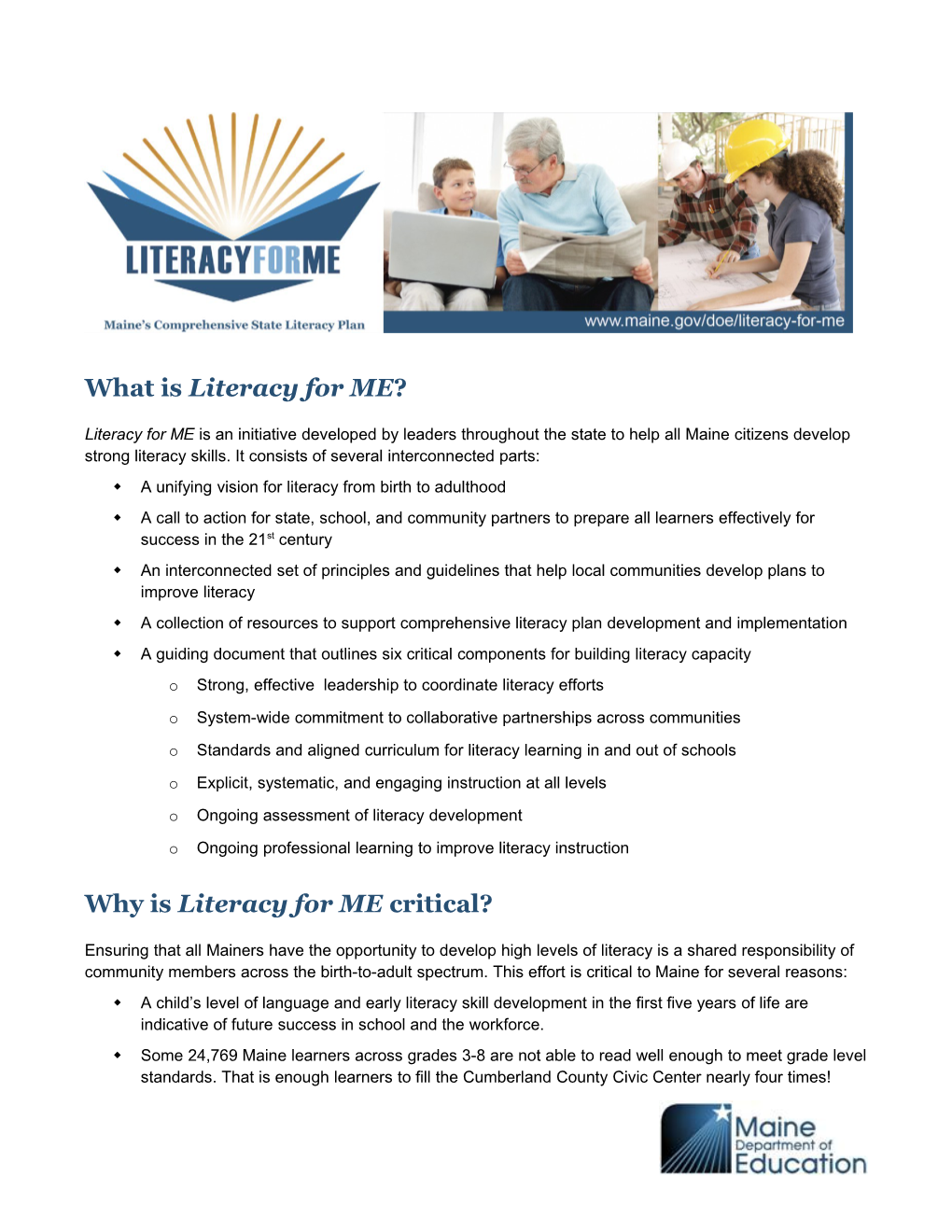 Literacy for ME, Maine S Comprehensive State Literacy Plan