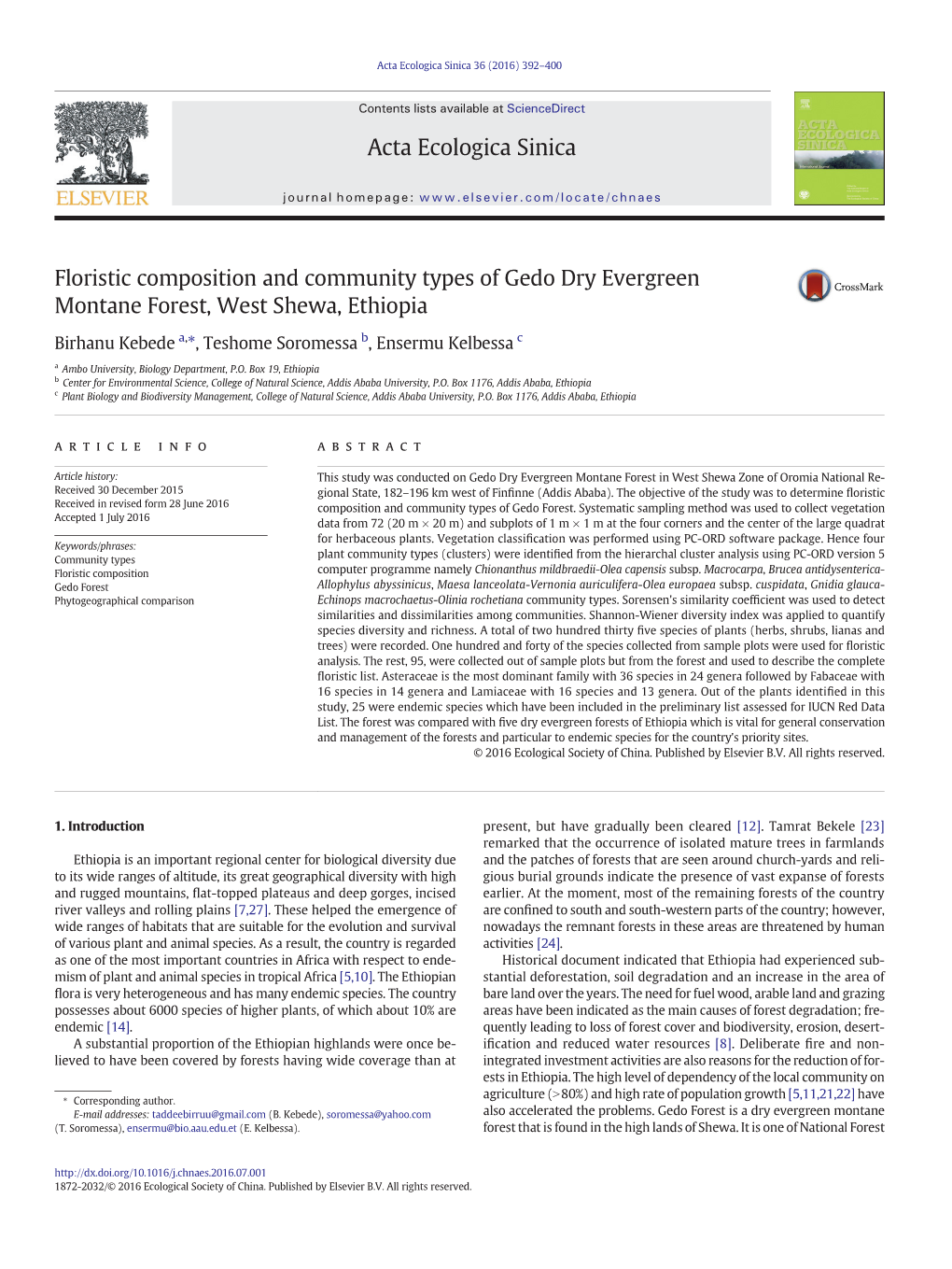 Floristic Composition and Community Types of Gedo Dry Evergreen Montane Forest, West Shewa, Ethiopia