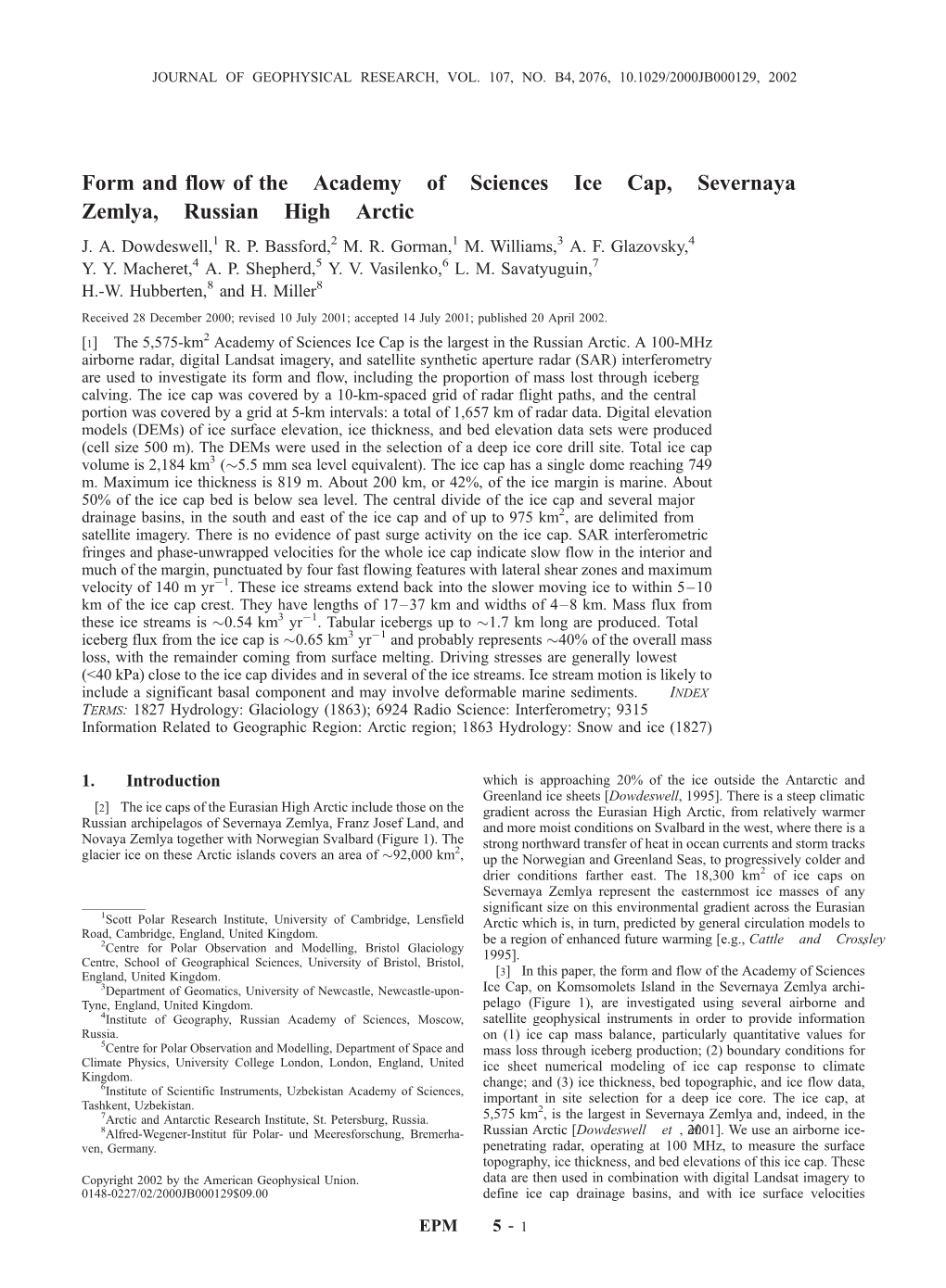 Form and Flow of the Academy of Sciences Ice Cap, Severnaya Zemlya, Russian High Arctic J