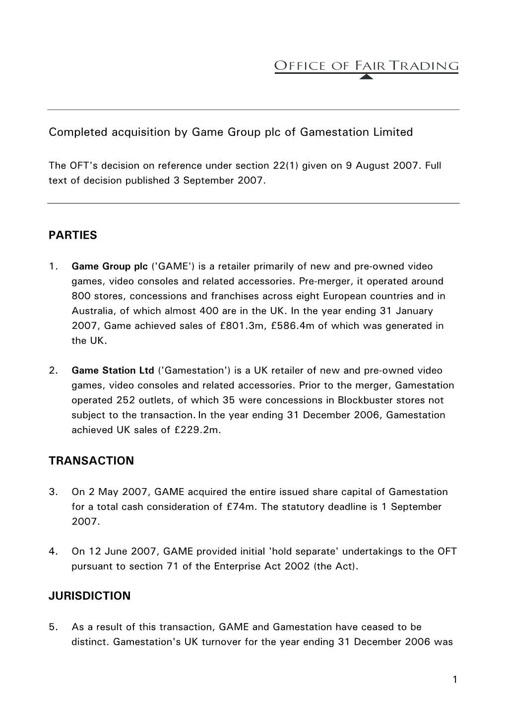Completed Acquisition by Game Group Plc of Gamestation Limited
