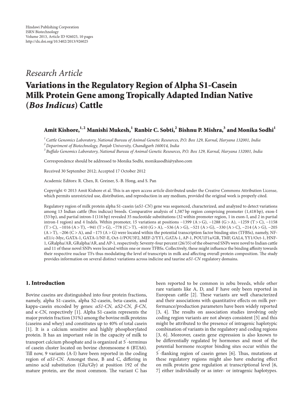 Research Article Variations in the Regulatory Region of Alpha S1-Casein Milk Protein Gene Among Tropically Adapted Indian Native (Bos Indicus) Cattle