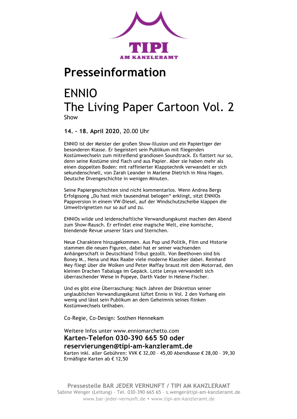 Presseinformation ENNIO the Living Paper Cartoon Vol. 2