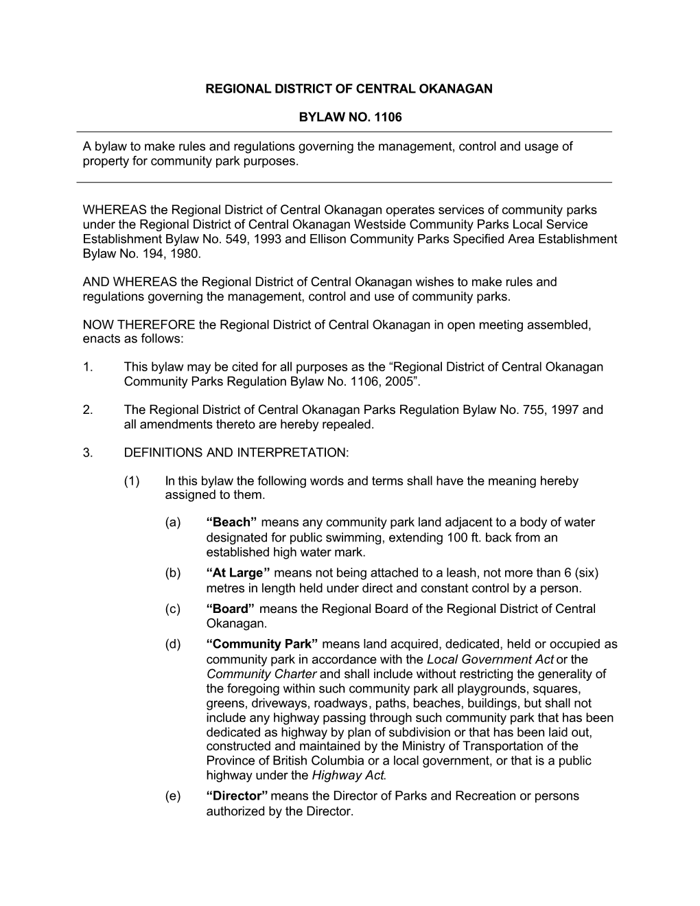 Regional District of Central Okanagan Bylaw No. 1106 A