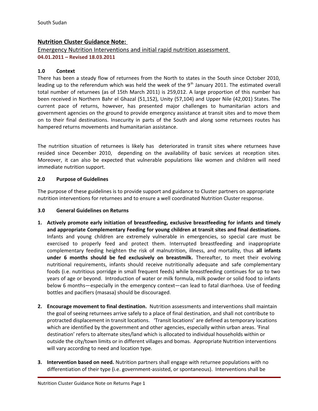 Nutrition Cluster Guidance Note: Emergency Nutrition Interventions and Initial Rapid Nutrition