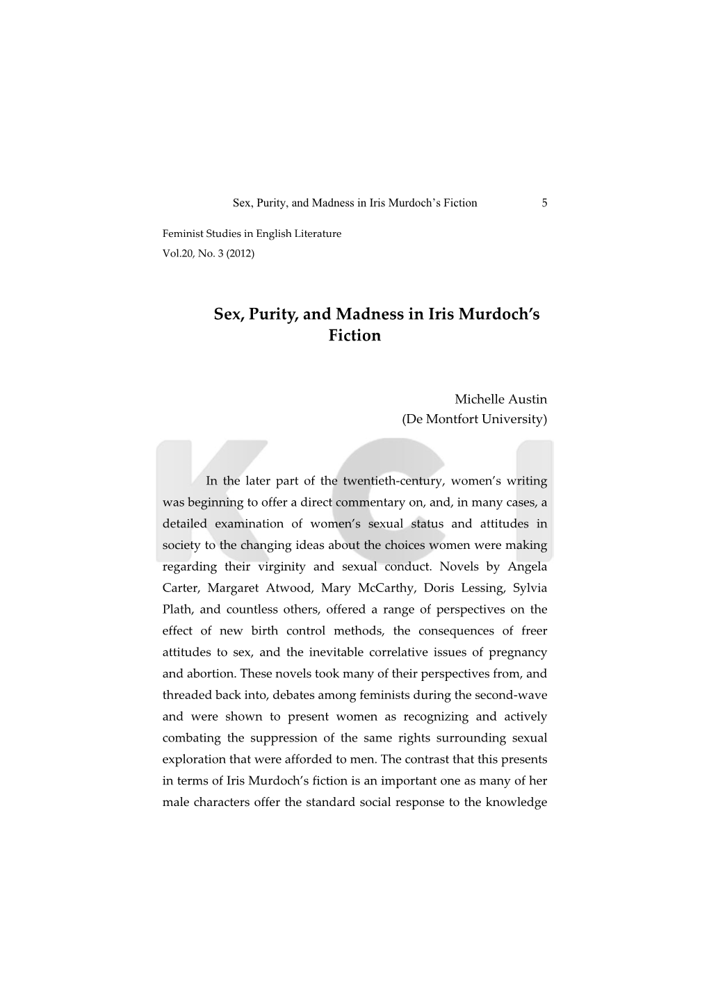 Sex, Purity, and Madness in Iris Murdoch's Fiction