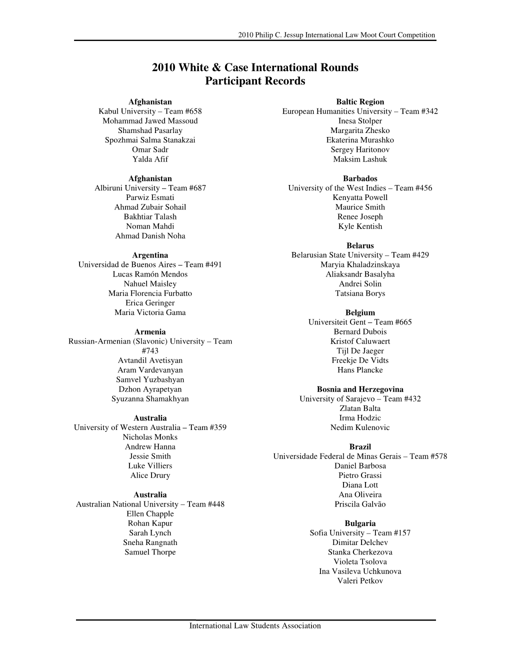 2010 White & Case International Rounds Participant Records