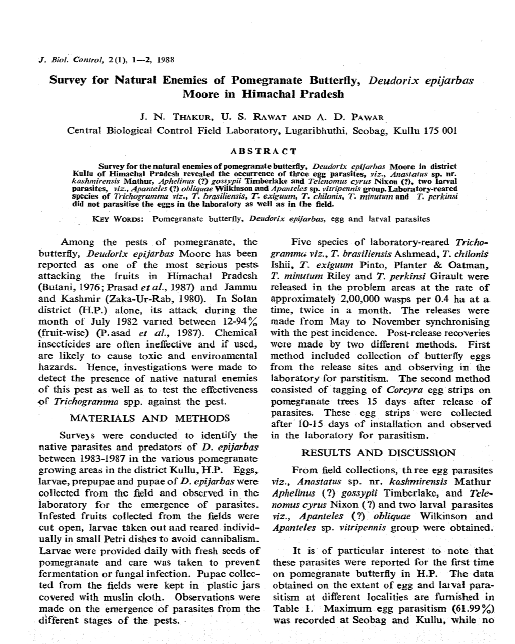 Survey for Natural Enemies of Pomegranate Butterfly, Deudorix Epijarbas Moore in Himachal Pradesh