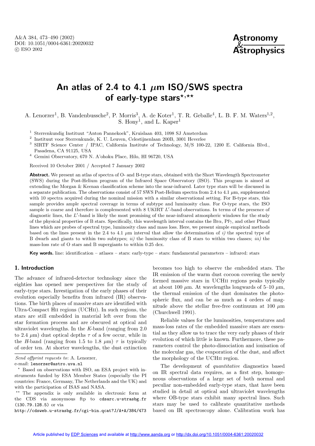 An Atlas of 2.4 to 4.1 Μm ISO/SWS Spectra of Early-Type Stars