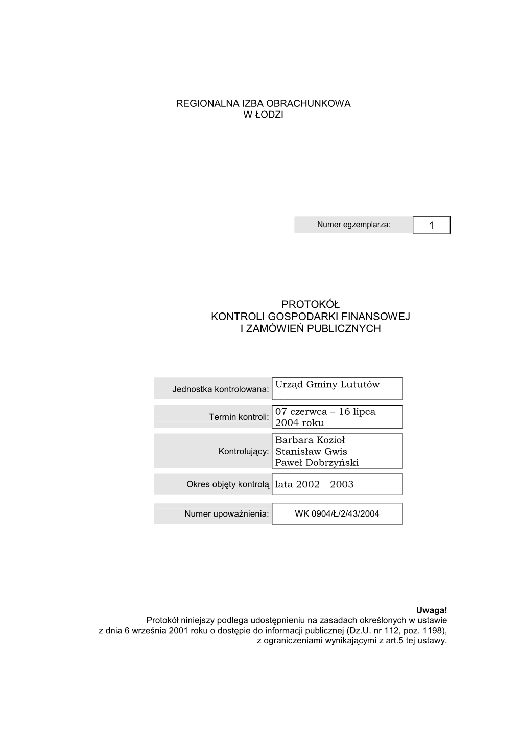 Protokół Kontroli Gospodarki Finansowej I Zamówie Ń Publicznych